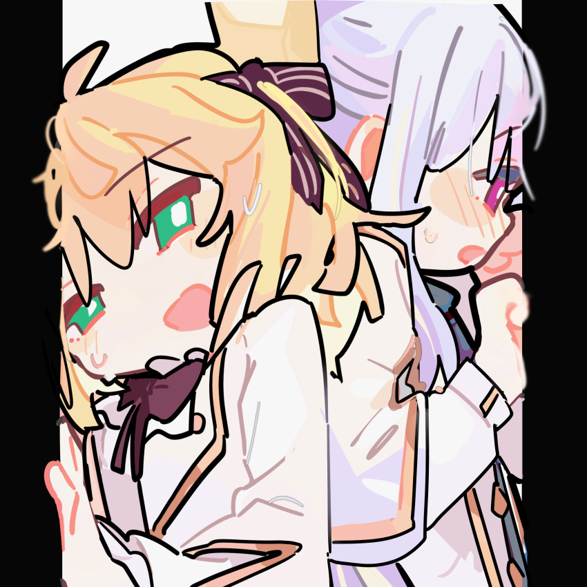 2girls, absurdres, anisphia_wynn_palettia, black_ribbon, blonde_hair, blush, bright_pupils, capelet