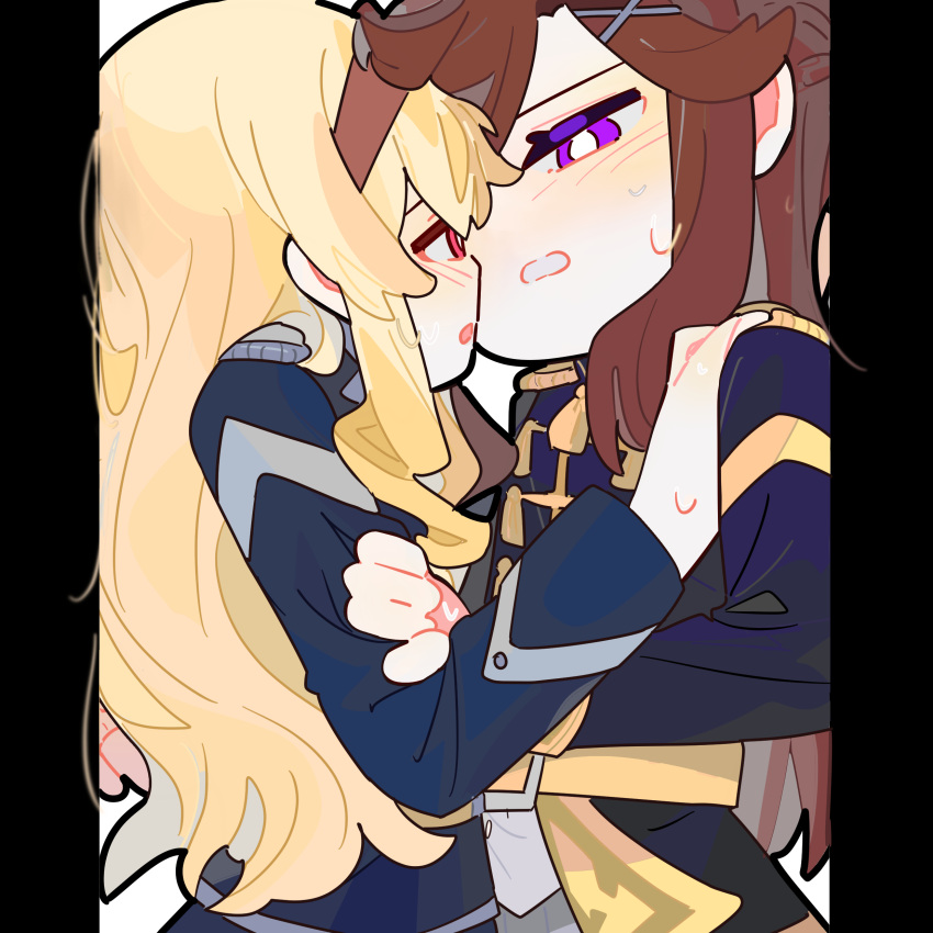 2girls, absurdres, blonde_hair, blue_jacket, blush, bright_pupils, brown_hair, brown_hairband