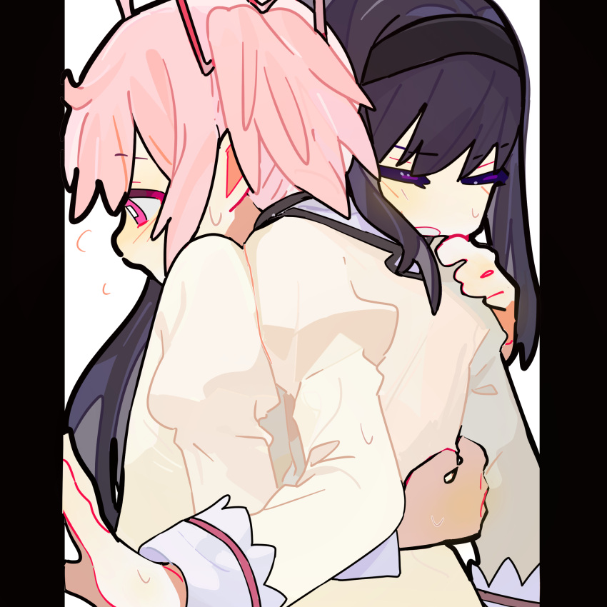 2girls, absurdres, akemi_homura, black_hairband, blush, closed_eyes, commentary, hairband, highres, hug, juliet_sleeves, kaname_madoka, long_sleeves, mahou_shoujo_madoka_magica, mahou_shoujo_madoka_magica_(anime), mitakihara_school_uniform, multiple_girls, pillarboxed, pink_eyes, pink_hair, puffy_sleeves, purple_hair, school_uniform, shirt, stuck_in_a_box, sweatdrop, twintails, upper_body, violet_eyes, ydpfa, yellow_shirt, yuri