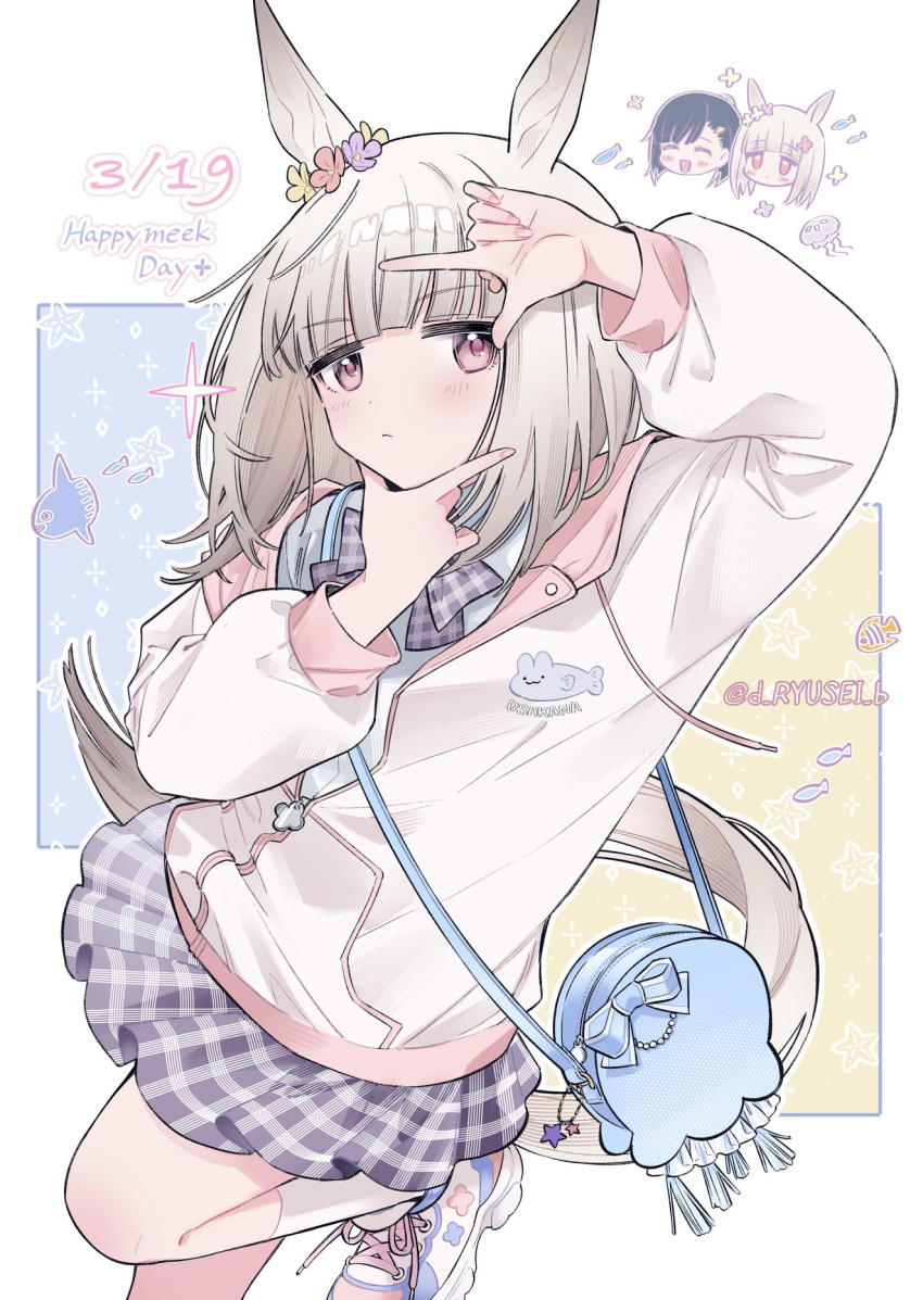 2girls, animal_ears, bag, black_hair, blue_bag, blush, bow, charm_(object)