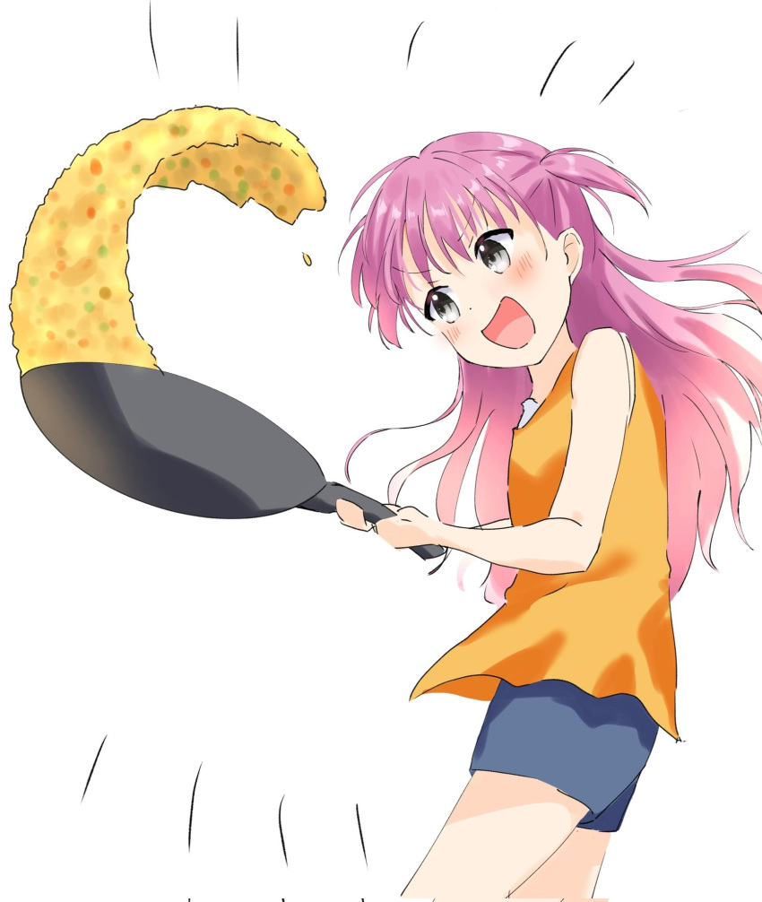 1girl, :d, bare_arms, blue_shorts, blush, commentary_request, cooking, corrupted_twitter_file