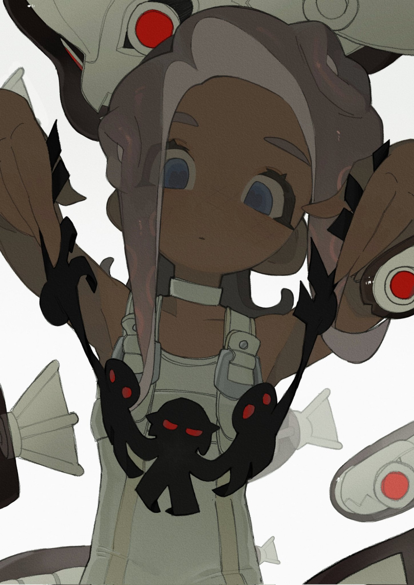1girl, agent_8_(splatoon), bare_shoulders, battering_lento, blue_eyes, blue_pupils, bodysuit, cephalopod_eyes, chinese_commentary, choker, dark-skinned_female, dark_skin, expressionless, eyes_visible_through_hair, fish_skeleton, grey_hair, highres, holding, holding_paper, kirigami, long_hair, no_nose, octoling_girl, octoling_player_character, paper, parallel_canon, parted_lips, red_eyes, redbeanpie0, sleeveless, sleeveless_bodysuit, solo, splatoon_(series), splatoon_3, splatoon_3:_side_order, suction_cups, swarming_languendo, tentacle_hair, upper_body, white_background, white_bodysuit, white_choker