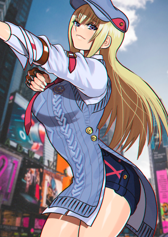 1girl, akisu_k, blonde_hair, cosplay, fingerless_gloves, gloves, hat, kazama_asuka