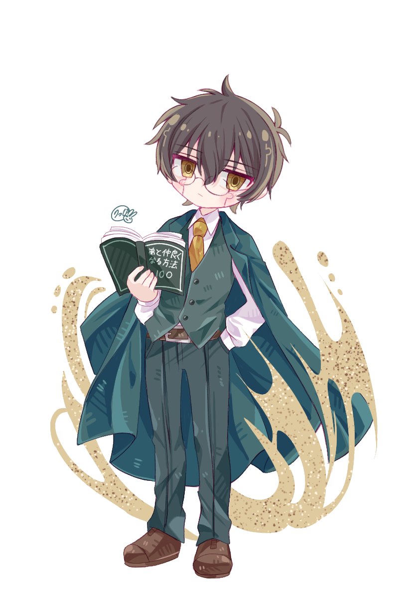 1boy, belt, black_hair, book, brown_belt, brown_footwear, closed_mouth, collared_shirt