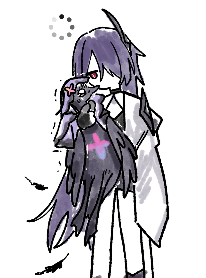1girl, absurdres, acheron_(honkai:_star_rail), animal, bird, black_choker, black_gloves, black_shorts, black_swan_(honkai:_star_rail), choker, coat, coattails, crying, detached_sleeves, feathers, gloves, hair_over_one_eye, highres, holding, holding_animal, honkai:_star_rail, honkai_(series), long_hair, purple_hair, red_eyes, shaking, shorts, swan, umiushi_u, veil, white_coat