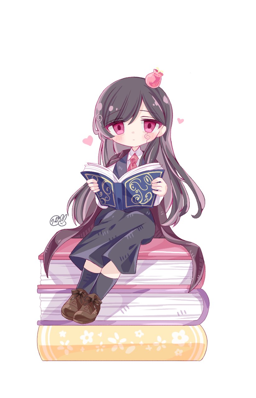 1girl, black_socks, book, brown_footwear, collared_shirt, facial_mark, highres, holding