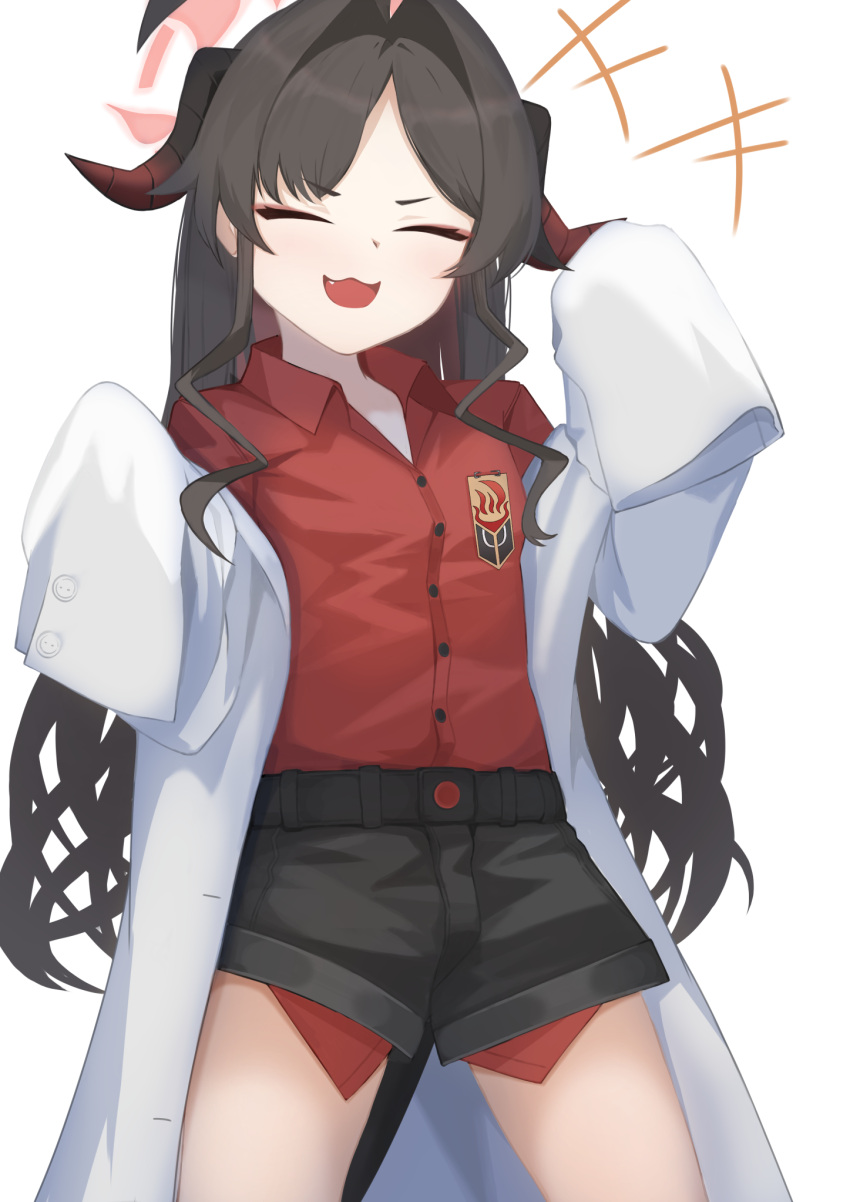 1girl, :3, ahoge, akacolor, belt, black_belt, black_shorts, blue_archive