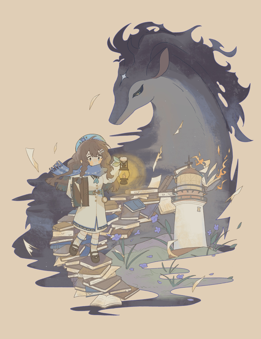 1girl, absurdres, arm_up, beret, black_footwear, blue_eyes, blue_flower, blue_hat