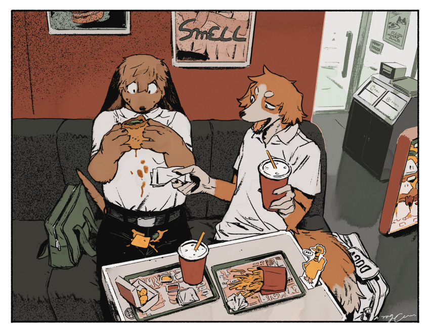 2boys, animal_ears, aoi_(monotone_blue), black_pants, cameo, chicken_nuggets, commentary_request, copyright_name