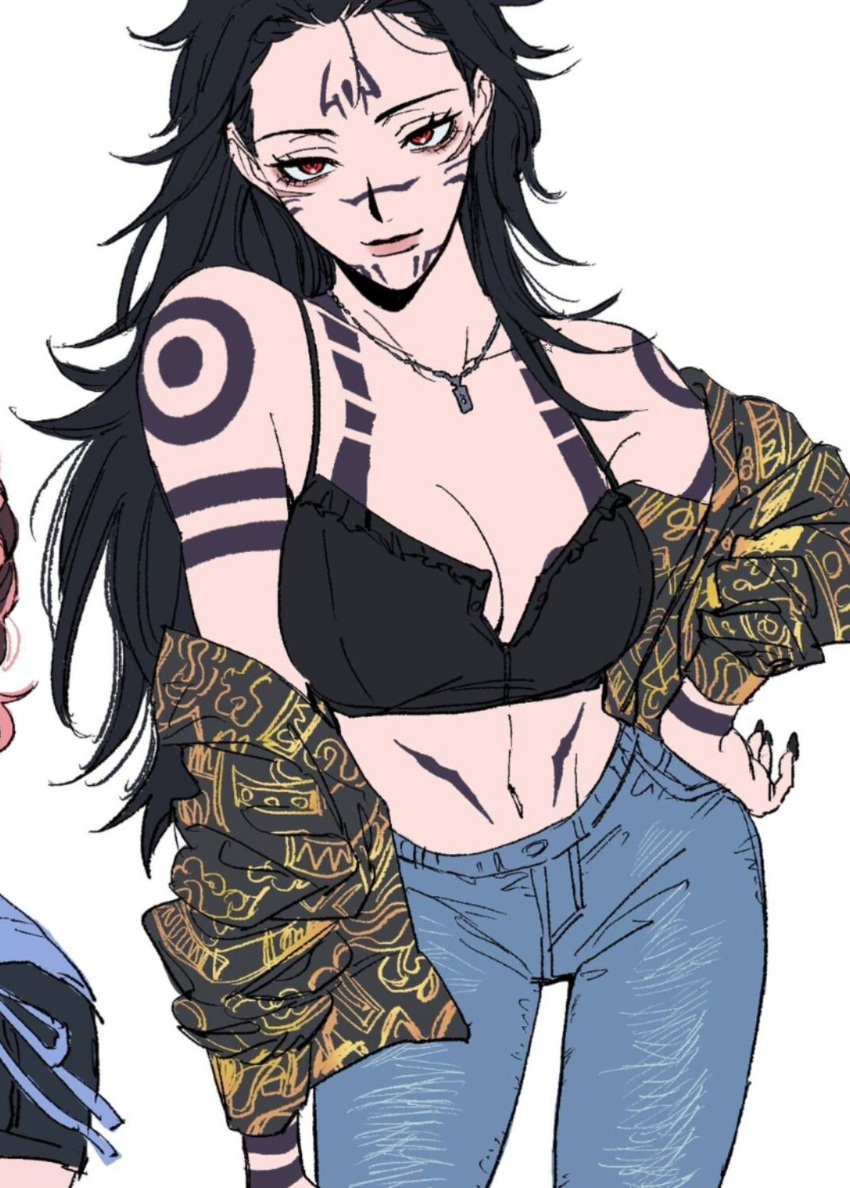 bikini, black_hair, genderswap, jacket, jeans, jujutsu_kaisen, red_eyes, ryoumen_sukuna_(jujutsu_kaisen)