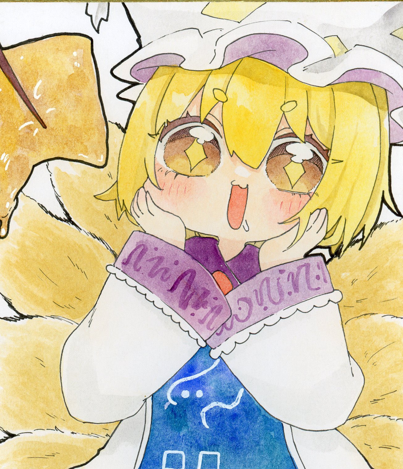 +_+, 1girl, :3, animal_hat, blonde_hair, blush, chopsticks, commentary_request