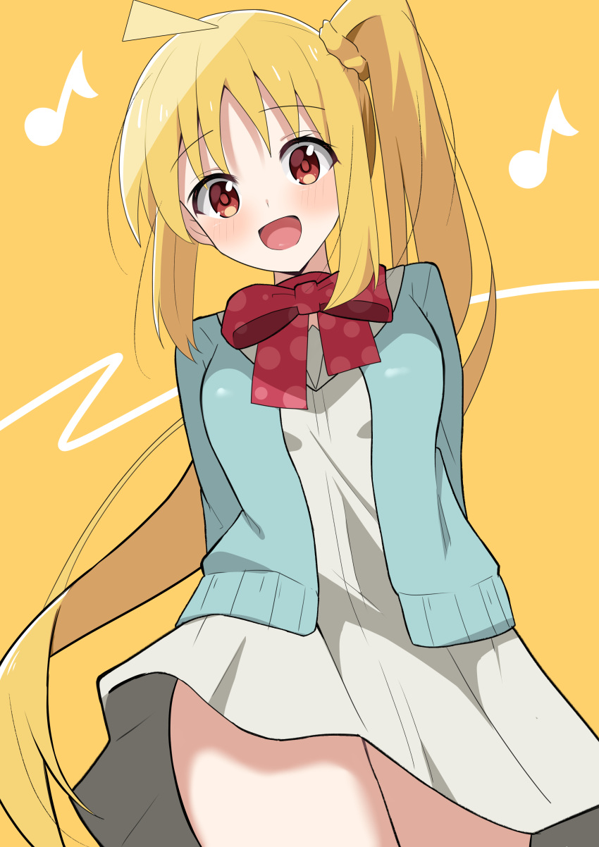 1girl, :d, absurdres, ahoge, aqua_cardigan, arms_behind_back, blush, bocchi_the_rock!, bow, cardigan, commentary_request, cowboy_shot, floating_clothes, from_below, hair_between_eyes, happy, highres, hosinonana, ijichi_nijika, long_hair, looking_at_viewer, looking_down, musical_note, open_cardigan, open_clothes, open_mouth, polka_dot, polka_dot_bow, red_bow, red_eyes, side_ponytail, simple_background, smile, solo, straight_hair, very_long_hair, wind, wind_lift, yellow_background