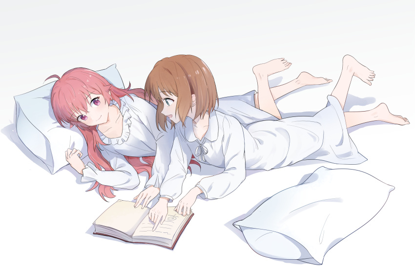 2girls, ahoge, barefoot, book, brown_hair, chinese_commentary, closed_mouth, collarbone