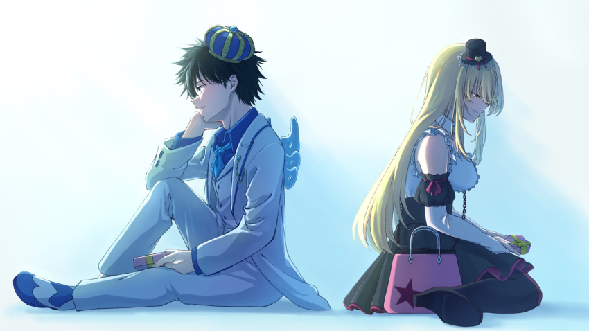 0marimo_omiram0, 1boy, 1girl, angel_wings, bag, black_eyes, black_hair, black_hat