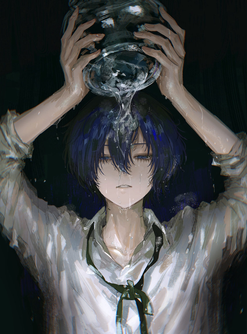 1boy, absurdres, arms_up, asano_(kazusasn), bishounen, blue_eyes, blue_hair, eyelashes, hair_between_eyes, highres, looking_at_viewer, male_focus, pale_skin, parted_lips, persona, persona_3, shirt, short_hair, solo, spilling, upper_body, water, water_drop, wet, wet_clothes, wet_hair, white_shirt, yuuki_makoto_(persona_3)
