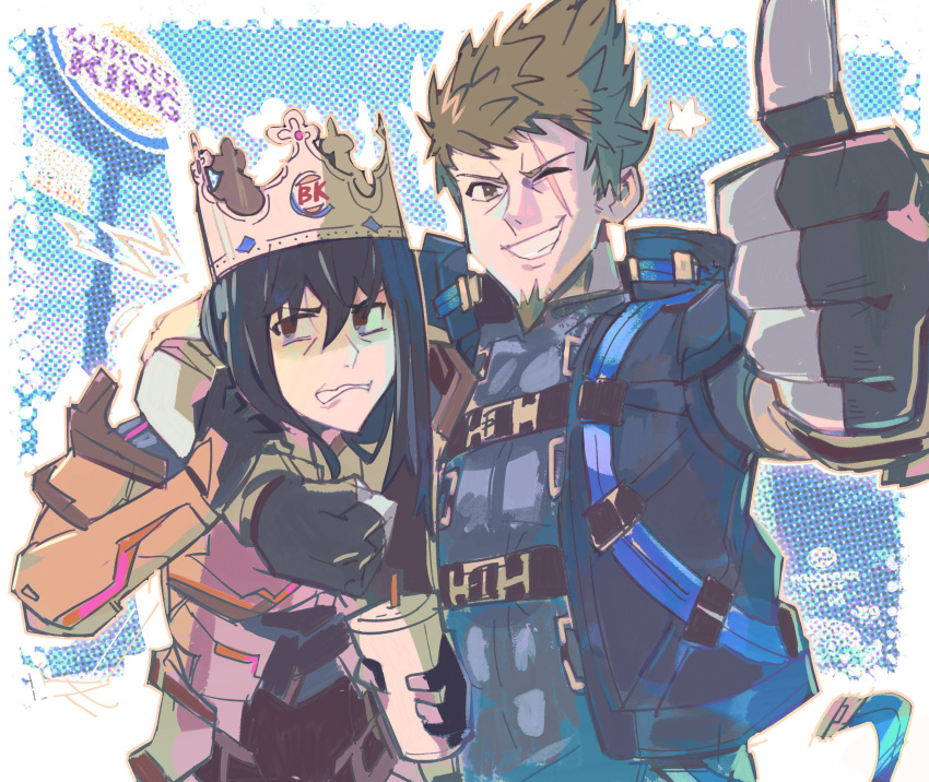 1girl, 2boys, absurdres, arm_around_shoulder, armor, belt, black_hair, blue_background