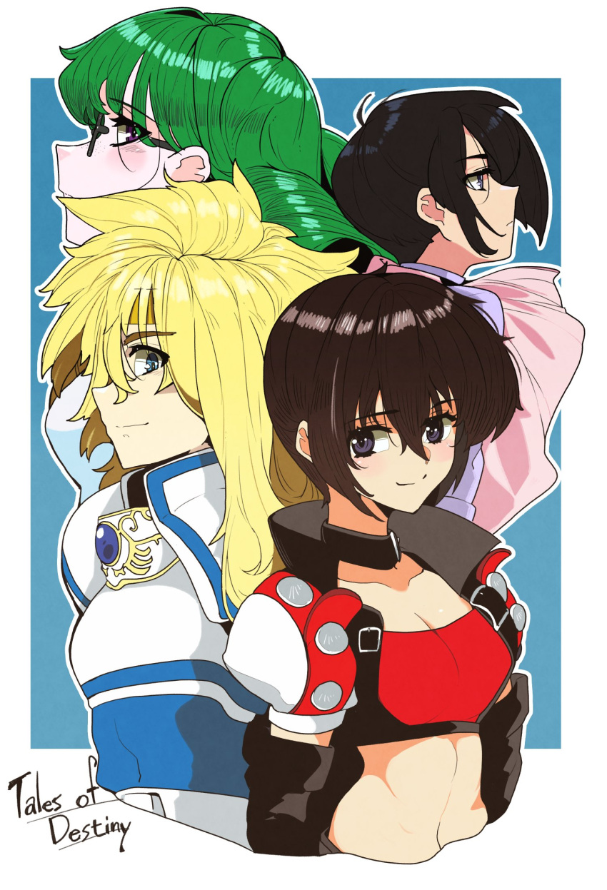 2boys, 2girls, armor, black_hair, blonde_hair, blue_eyes, cape, crop_top