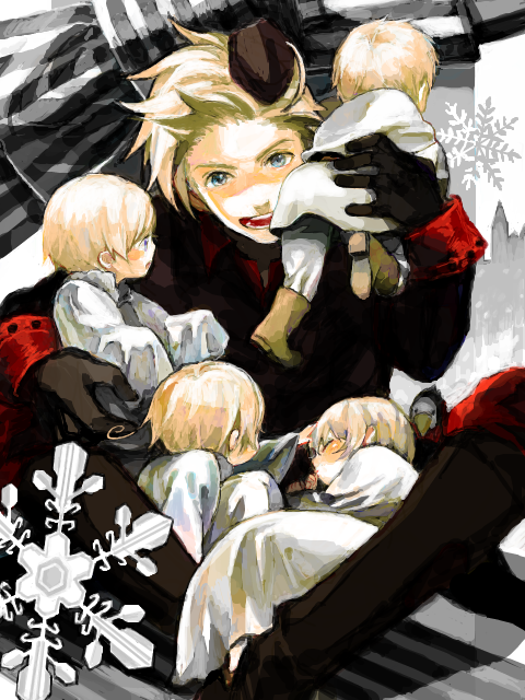 5boys, axis_powers_hetalia, blonde_hair, cap, child, denmark_(hetalia), finland_(hetalia), gloves