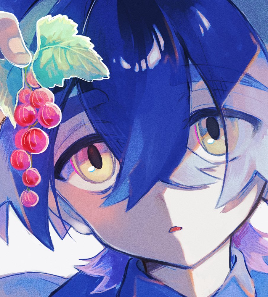 1boy, black_hair, close-up, commentary_request, crossed_bangs, hair_between_eyes, holding, holding_mistletoe