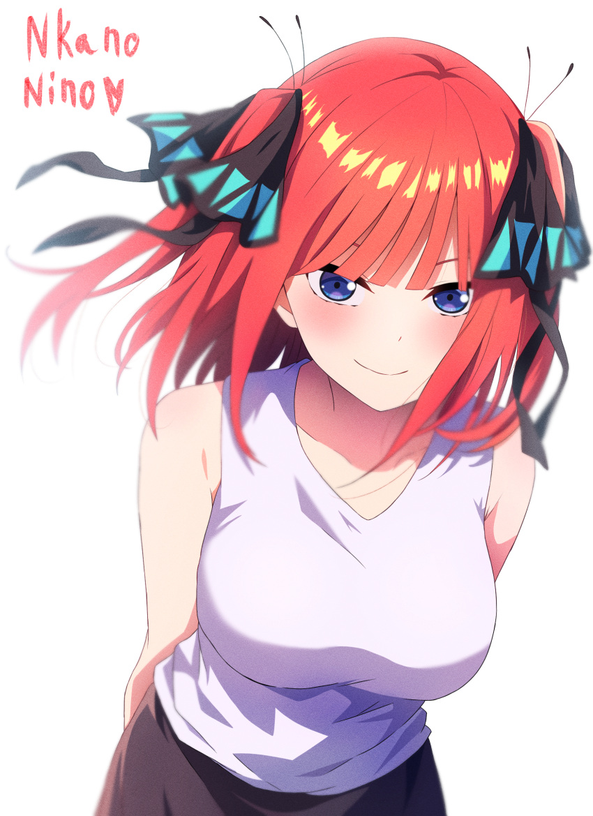 1girl, arms_behind_back, artistic_error, bare_arms, black_bow, black_skirt, blue_eyes, bow