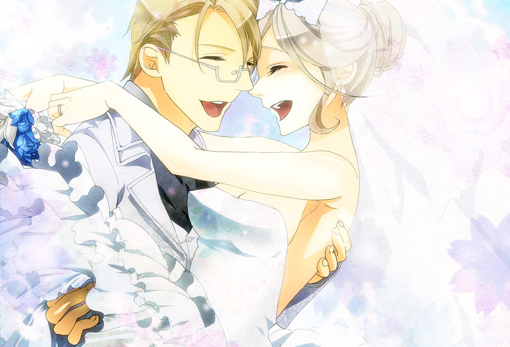 alternate_costume, alternate_hairstyle, america_(hetalia), armpits, axis_powers_hetalia, bare_shoulders, belarus_(hetalia), blonde_hair, bouquet, bow, bridal_style, closed_eyes, couple, dress, flower, glasses, grin, hair_bow, male, open_mouth, ring, short_hair, smile, veil, wedding, white_hair