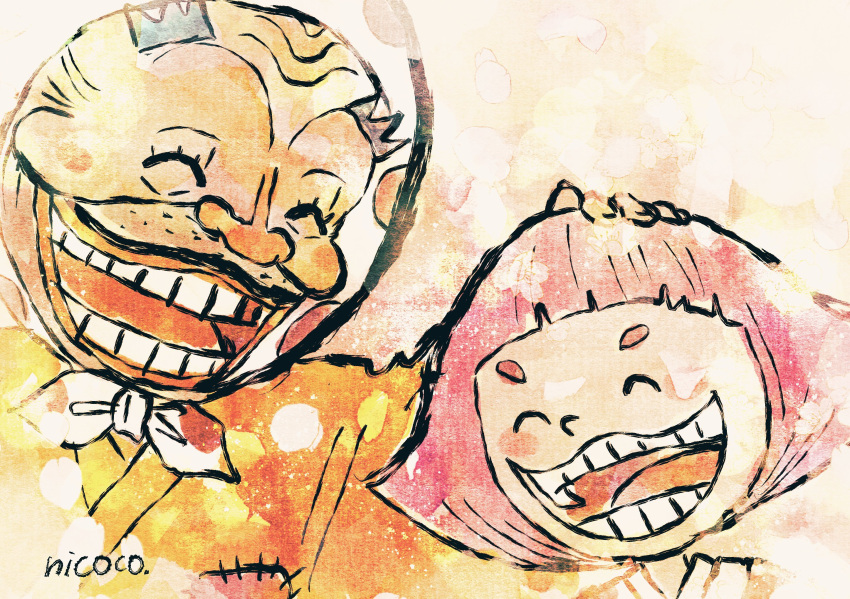 1boy, 1girl, ^_^, blush_stickers, bob_cut, child, close-up, closed_eyes
