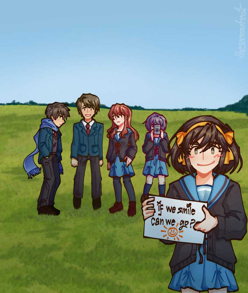 2boys, 3girls, absurdres, asahina_mikuru, bad_source, blush, brown_hair, camera, cardigan, derivative_work, english_text, grass, highres, holding, holding_sign, koizumi_itsuki, kyon, leo_(artist), looking_at_viewer, multiple_boys, multiple_girls, nagato_yuki, orange_hair, purple_hair, radiohead_(band), ribbon, sailor_collar, scarf, school_uniform, serafuku, sign, smile, sparkling_eyes, suzumiya_haruhi, suzumiya_haruhi_no_shoushitsu, suzumiya_haruhi_no_yuuutsu, taking_picture, yellow_ribbon