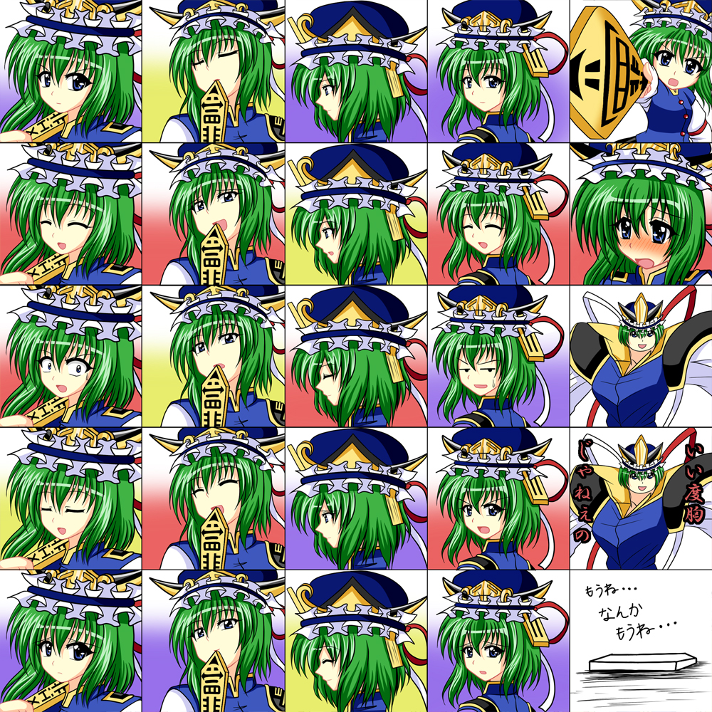 chart, expressions, face, green_hair, hat, ougi_(ihayasaka), rod_of_remorse, shikieiki_yamaxanadu