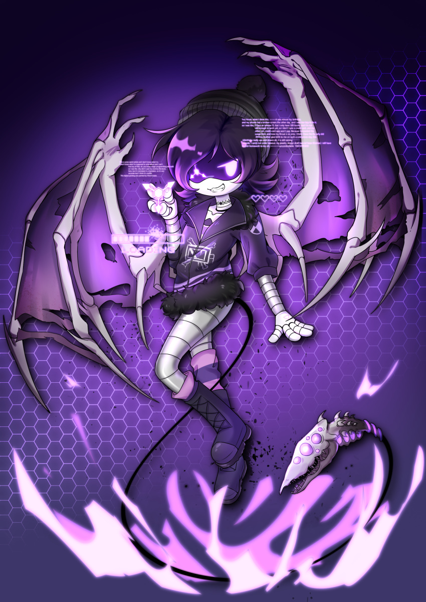 1girl, absurdres, bat_wings, evil_grin, evil_smile, fur_collar, fur_trim, grin