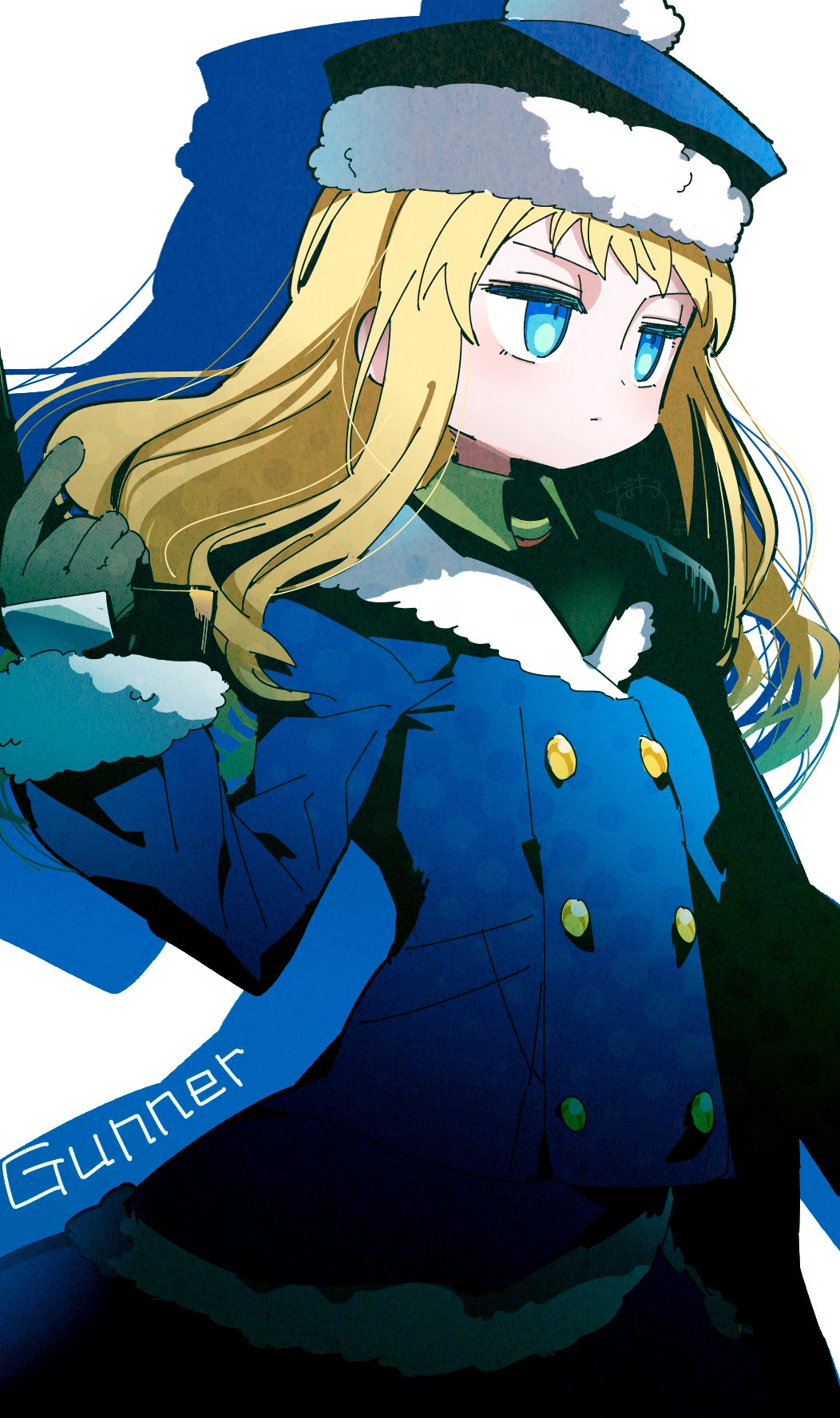 1girl, blonde_hair, blue_coat, blue_eyes, blue_hat, chicken_curry, coat, expressionless, fur_trim, gloves, gun, gunner_(sekaiju), gunner_2_(sekaiju), handgun, highres, holding, holding_gun, holding_weapon, long_hair, looking_to_the_side, sekaiju_no_meikyuu, sekaiju_no_meikyuu_2, solo, weapon