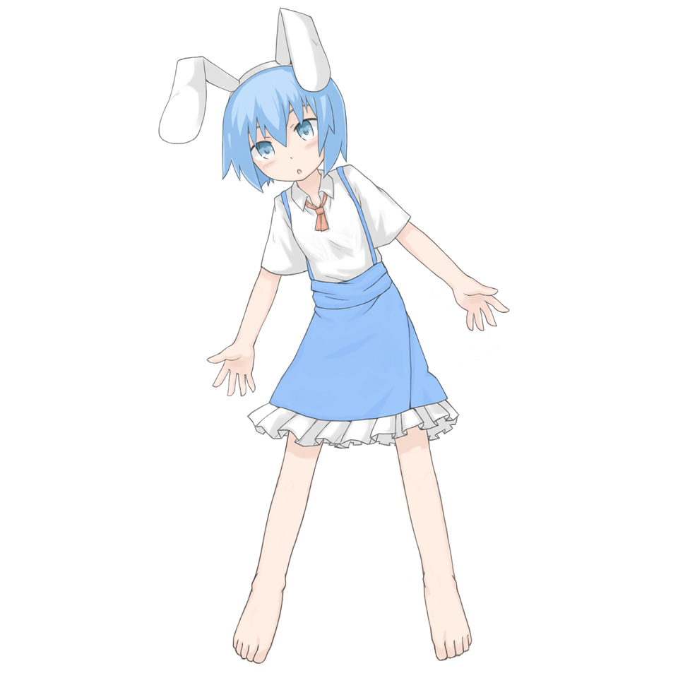animal_ears, bad_id, barefoot, blush, bunny_ears, cirno, open_mouth, rabbit_ears