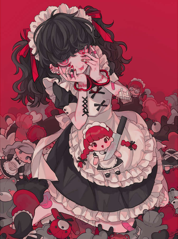 1girl, 382, :d, apron, bandaged_fingers, bandages, bandaid, bandaid_on_arm, bandaid_on_leg, barefoot, black_dress, black_hair, blood, blush_stickers, braid, character_doll, commentary_request, corset_piercing, cuffs, doll, dress, ear_piercing, earrings, frilled_apron, frilled_dress, frilled_pillow, frills, full_body, hair_ribbon, handcuffs, hands_on_own_face, hands_up, heart, heart-shaped_pillow, heart-shaped_pupils, holding, injury, jewelry, knife, long_hair, looking_at_viewer, maid, maid_apron, maid_headdress, messy_hair, nail_polish, original, piercing, pillow, puffy_short_sleeves, puffy_sleeves, red_background, red_eyes, red_nails, red_ribbon, ribbon, shackles, short_sleeves, sitting, smile, solo, stuffed_animal, stuffed_toy, symbol-shaped_pupils, teddy_bear, teeth, toenail_polish, toenails, twin_braids, twintails, upper_teeth_only, wariza, white_apron