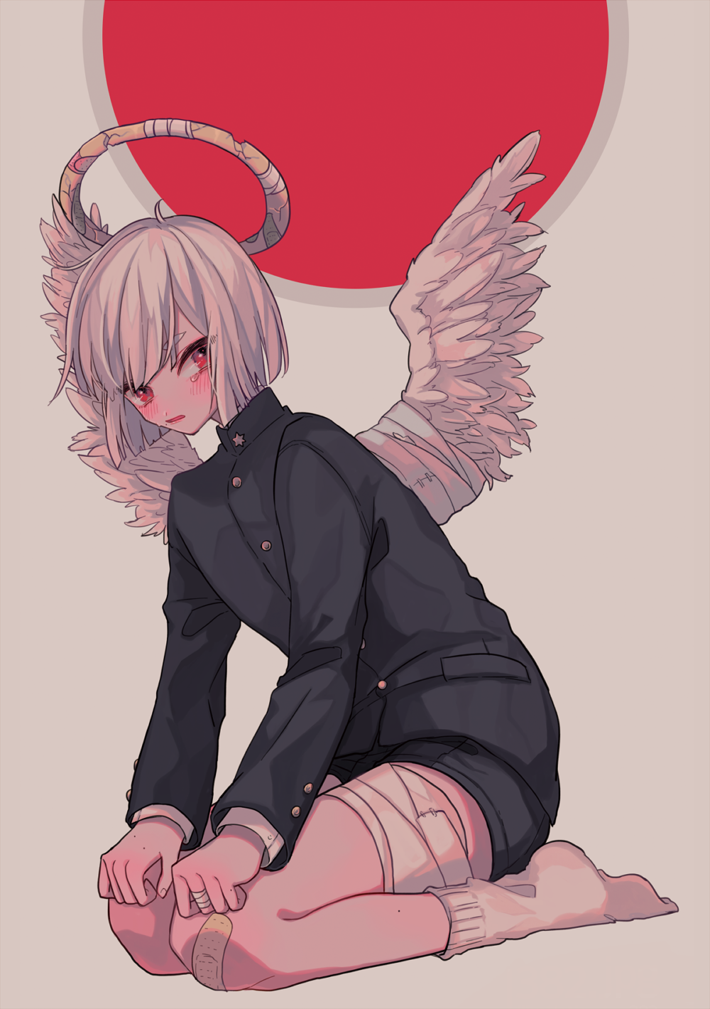 1boy, 382, ahoge, androgynous, angel, angel_wings, bandaged_fingers, bandaged_leg