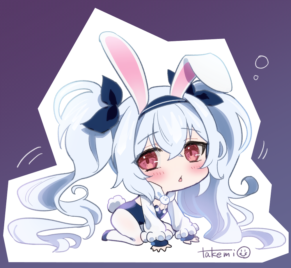 1girl, all_fours, animal_ears, azur_lane, blue_leotard, blue_ribbon, blush, chibi, crossed_bangs, fake_animal_ears, fake_tail, hair_ribbon, laffey_(azur_lane), laffey_ii_(azur_lane), laffey_ii_(sleepy_on_a_busy_day)_(azur_lane), leotard, long_hair, long_sleeves, looking_at_viewer, official_alternate_costume, pantyhose, playboy_bunny, purple_background, rabbit_ears, rabbit_tail, red_eyes, ribbon, signature, simple_background, solo, tail, takemi_mochi, white_hair, white_pantyhose, white_sleeves