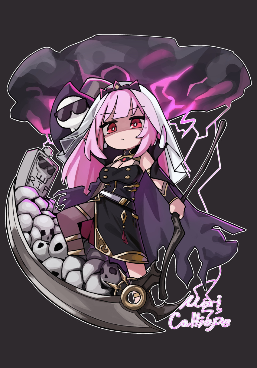 1girl, absurdres, character_name, death-sensei_(mori_calliope), highres, holding, holding_scythe, hololive, hololive_english, jadea5124, looking_at_viewer, mori_calliope, mori_calliope_(1st_costume), partially_shaded_face, pile_of_skulls, pink_hair, red_eyes, rest_in_peace_(phrase), scythe, tiara, tombstone, virtual_youtuber
