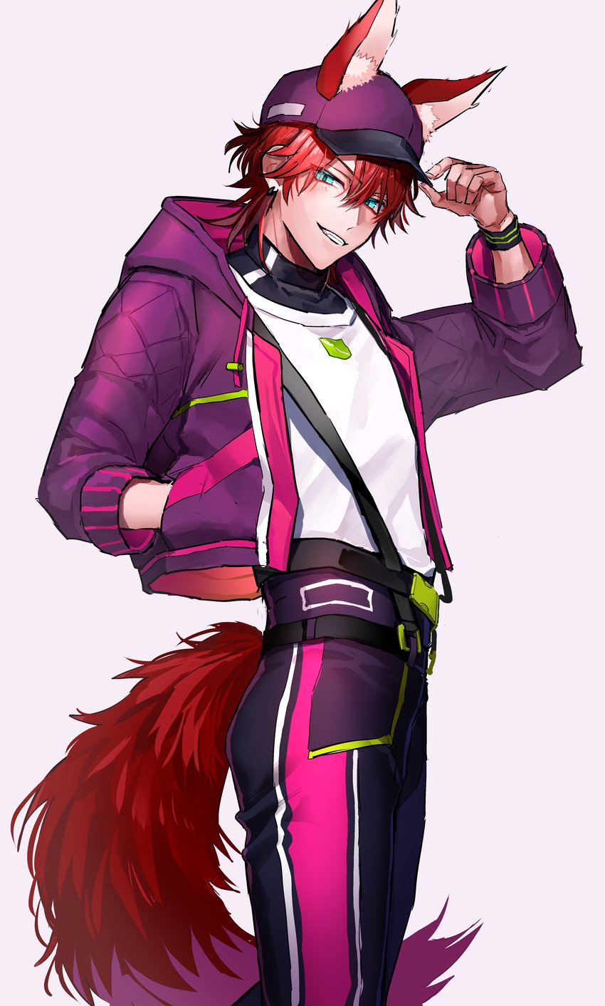 1boy, amagi_rinne, animal_ears, aqua_eyes, commentary_request, earrings, ears_through_headwear, ensemble_stars!