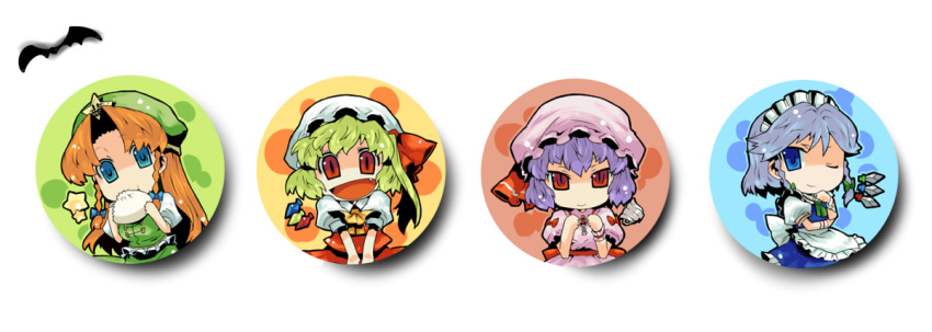 bat, chibi, circle, eating, flandre_scarlet, hong_meiling, izayoi_sakuya, remilia_scarlet