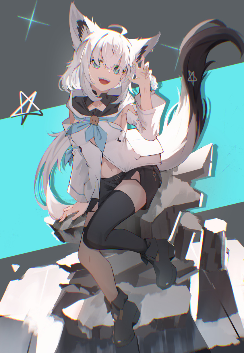 1girl, absurdres, ahoge, animal_ears, black_footwear, black_thighhighs, blue_eyes, c4t_(c4t004), detached_sleeves, fox_ears, fox_girl, fox_tail, highres, hololive, hood, hoodie, long_hair, looking_at_viewer, open_mouth, ponytail, shirakami_fubuki, shirakami_fubuki_(1st_costume), shoes, single_thighhigh, smile, solo, tail, teeth, thigh-highs, upper_teeth_only, virtual_youtuber, white_hair, white_hoodie, white_sleeves
