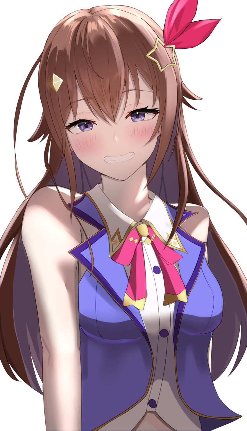 1girl, blue_vest, blush, brown_hair, collared_shirt, diamond_hair_ornament, hair_ornament, highres