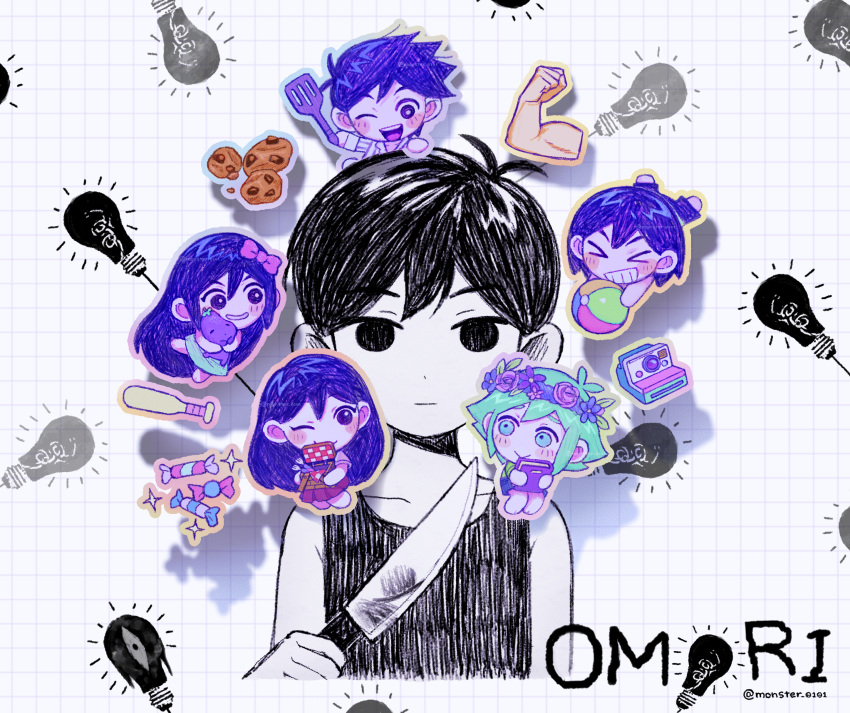 >_<, 2girls, 4boys, :d, absurdres, aubrey_(headspace)_(omori), aubrey_(omori), ball
