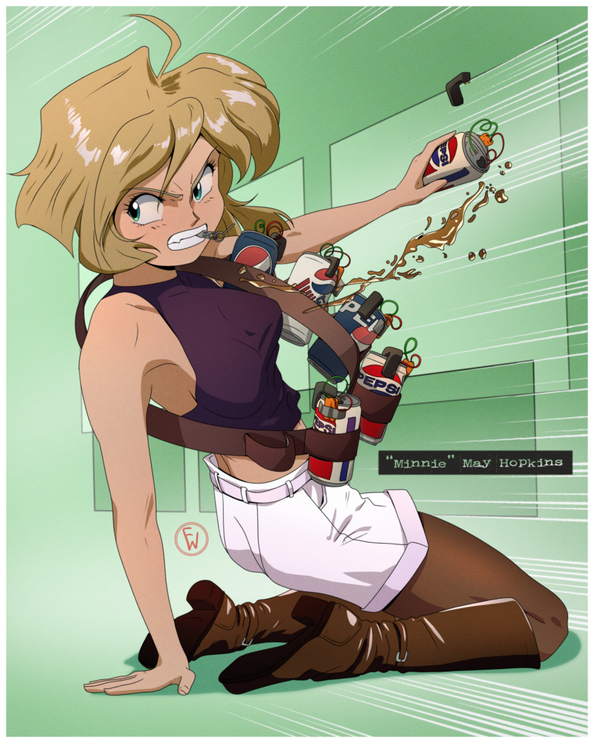 1girl, absurdres, angry, armpits, bandolier, blonde_hair, breasts, crop_top, explosive, fritz_willie, green_eyes, grenade, gunsmith_cats, highres, improvised_weapon, minnie_may_hopkins, pantyhose, pepsi, product_placement, purple_shirt, shirt, shorts, sleeveless, sleeveless_shirt, solo, speed_lines, white_shorts