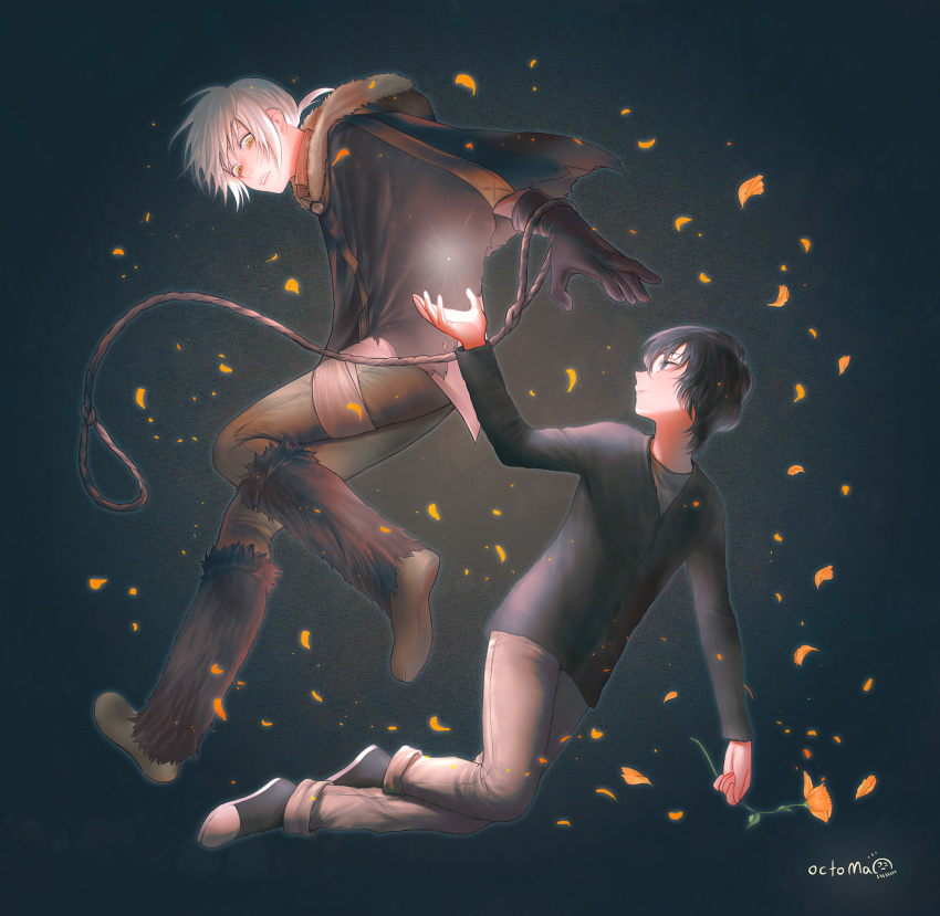 2boys, black_hair, boots, cloak, coat, flower, full_body, fumetsu_no_anata_e