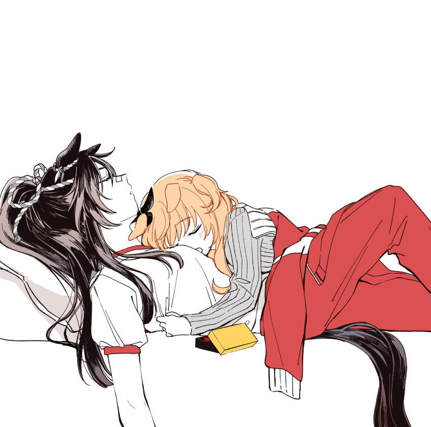2girls, animal_ears, bandaid, bandaid_on_face, bandaid_on_nose, black_hair, breasts, closed_eyes, clothes_blanket, ear_ornament, highres, horse_ears, horse_girl, horse_tail, jacket, long_hair, long_sleeves, mayano_top_gun_(umamusume), multiple_girls, narita_brian_(umamusume), open_mouth, orange_hair, pants, ponytail, red_jacket, red_pants, rope, shimenawa, shirt, short_sleeves, simple_background, sleeping, sleeping_on_person, small_breasts, sweater, tail, two_side_up, umamusume, white_background, white_shirt, yonu_(yonurime), yuri