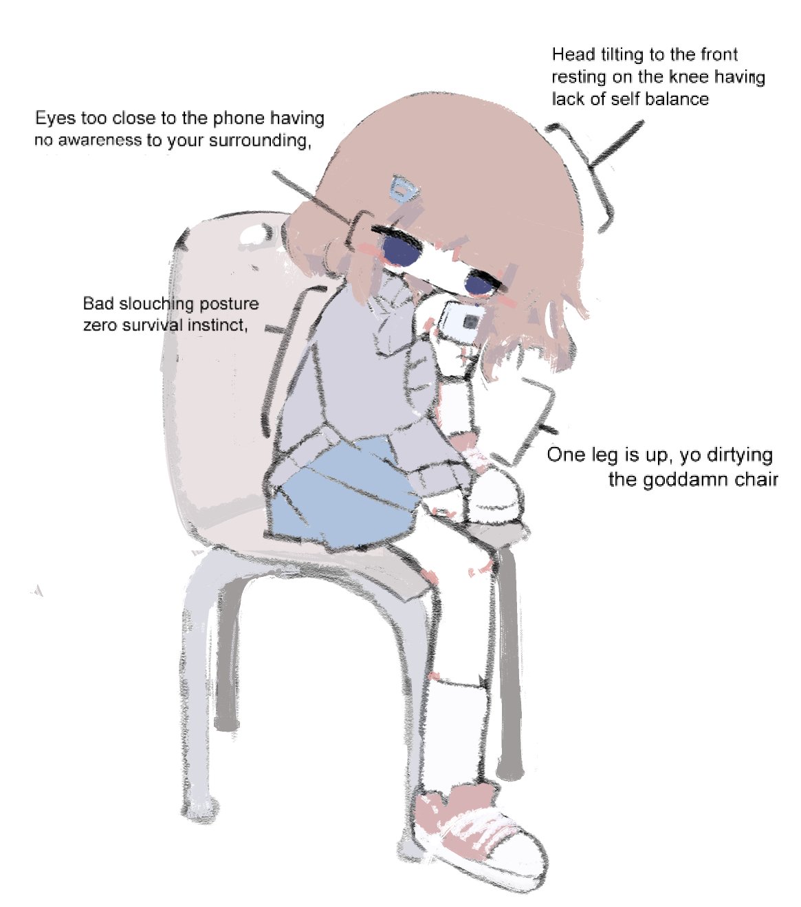 1girl, blue_eyes, blue_skirt, blunt_bangs, brown_hair, cellphone, chair, che_(cagelabyrinth)