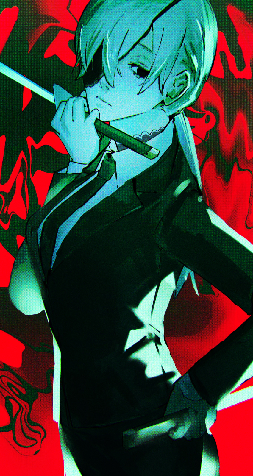 1girl, absurdres, black_suit, chainsaw_man, dress_shirt, dual_wielding, eyepatch, hand_on_own_hip, highres, holding, holding_sword, holding_weapon, katana, lupo_(lupoyorosiku), necktie, ponytail, quanxi_(chainsaw_man), red_background, shirt, suit, sword, weapon