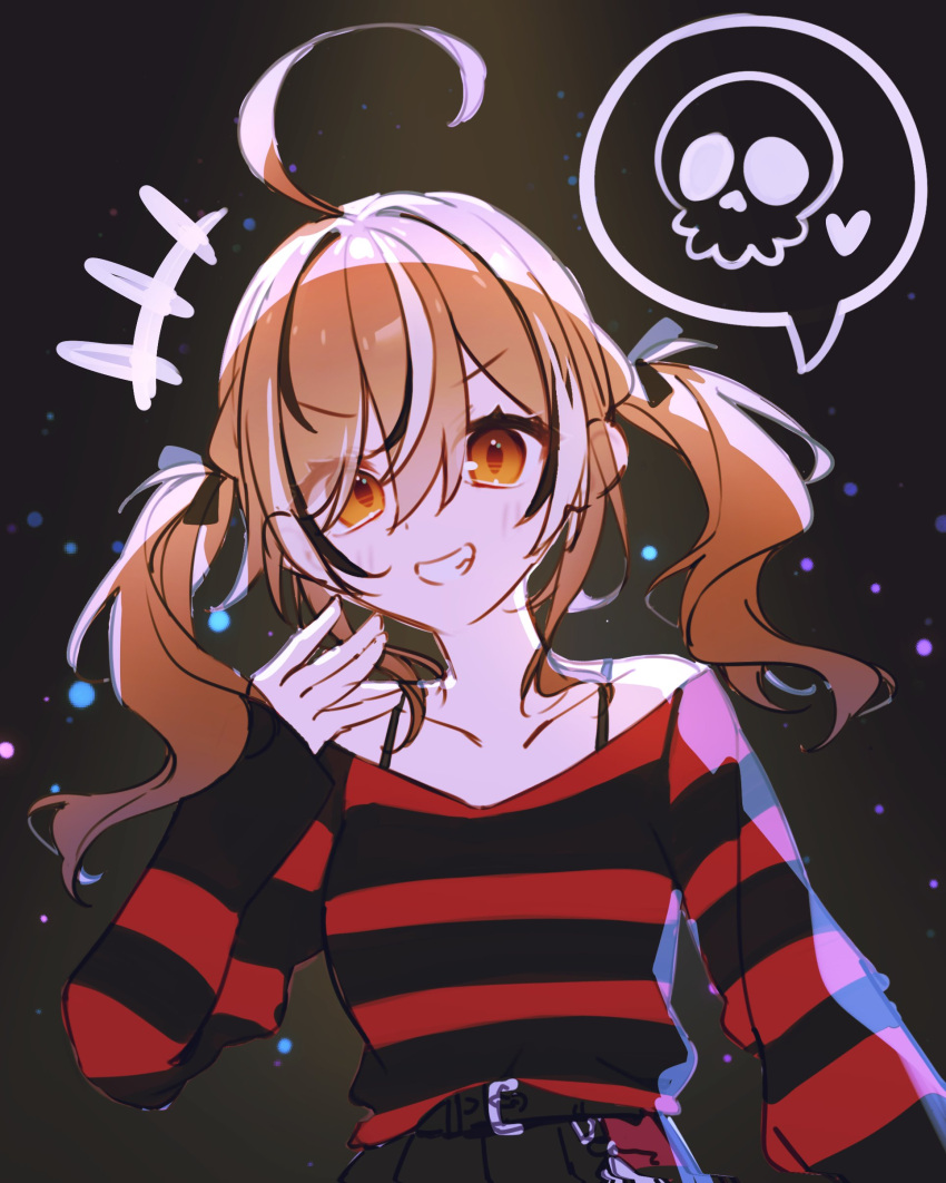 1girl, absurdres, ahoge, backlighting, black_background, black_ribbon, black_sweater, brown_eyes, brown_hair, emo_fashion, fingernails, grin, hair_over_one_eye, hair_ribbon, hand_up, heart, highres, hololive, hololive_english, huge_ahoge, light_particles, looking_at_viewer, mel_mei, multicolored_hair, nanashi_mumei, nanashi_mumei_(emo), notice_lines, red_sweater, ribbon, skull, sleeves_past_wrists, smile, spoken_skull, streaked_hair, striped_clothes, striped_sweater, sweater, sweater_tucked_in, twintails, two-tone_sweater, virtual_youtuber