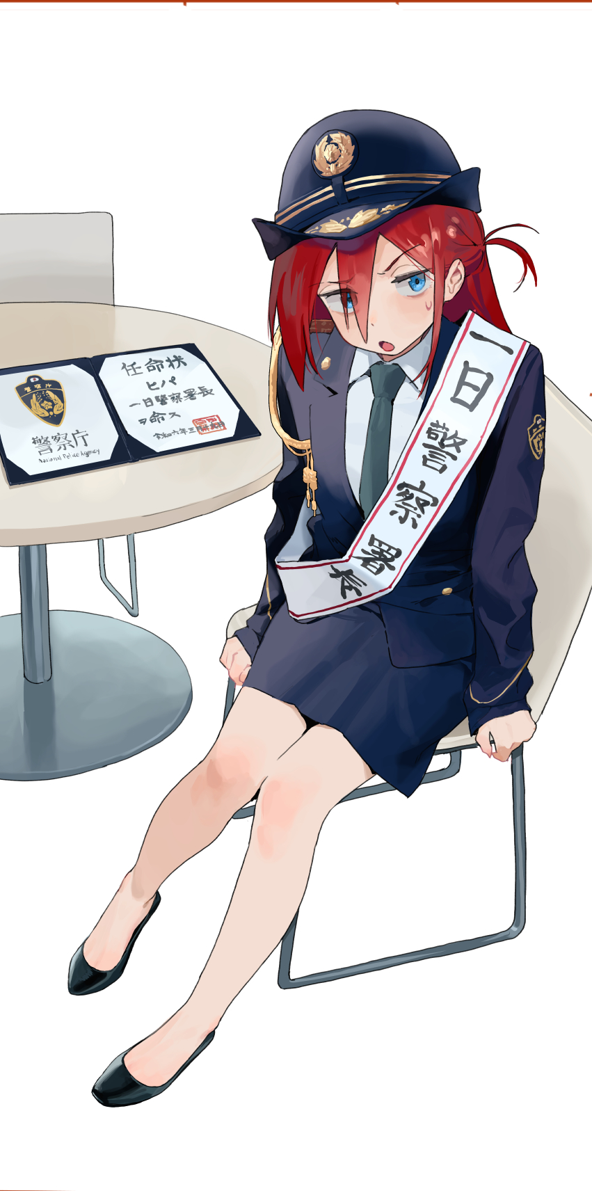 1girl, annoyed, blue_eyes, blue_jacket, blue_skirt, female_service_cap, green_necktie, highres
