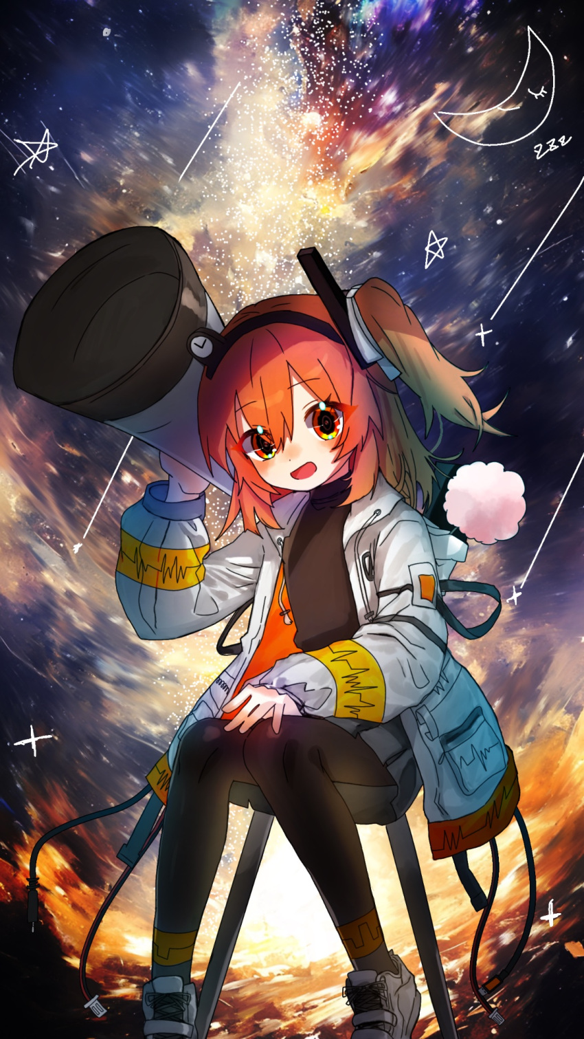1girl, a.i._voice, adachi_rei, black_leggings, black_shirt, cable, crescent_moon, drawstring