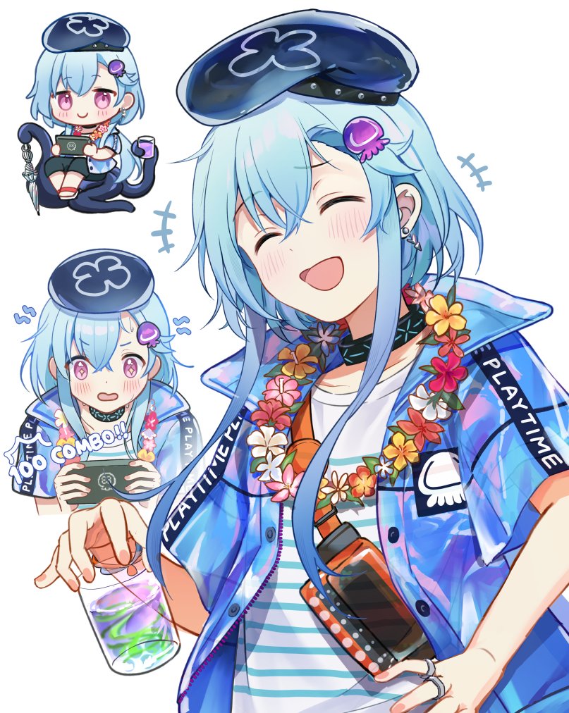 1boy, :>, arknights, beret, black_hat, blue_hair, blue_jacket, blue_shirt
