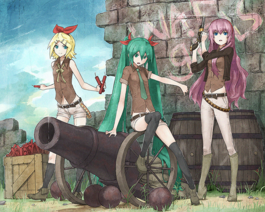 bad_id, blonde_hair, blue_eyes, boots, bowtie, cannon, dynamite, flintlock